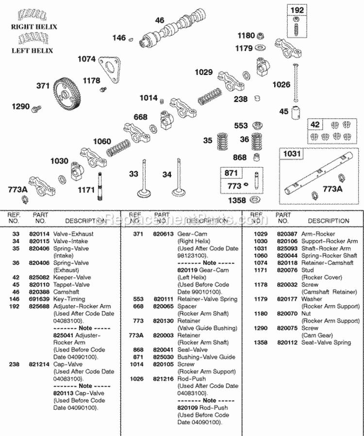 Rocker Arm Shaft Camshaft Diagram and Parts List for 430447-0105-01  Briggs and Stratton Engine